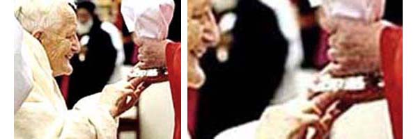 Closeup shots of Schutz receiving Communion from Benedict